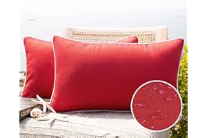 Phantoscope Pack of 2 Outdoor Waterproof Solid Throw Decorative Pillow Cover Decorative Square Outdoor Pillows Cushion Case Patio Pillows for Couch Tent Sunbrella, Red 12x20 inches 30x50 cm