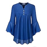 MOQIVGI Womens Trendy Dressy Casual Bell Sleeve V Neck Pleated Flowy Chiffon Blouse Tops