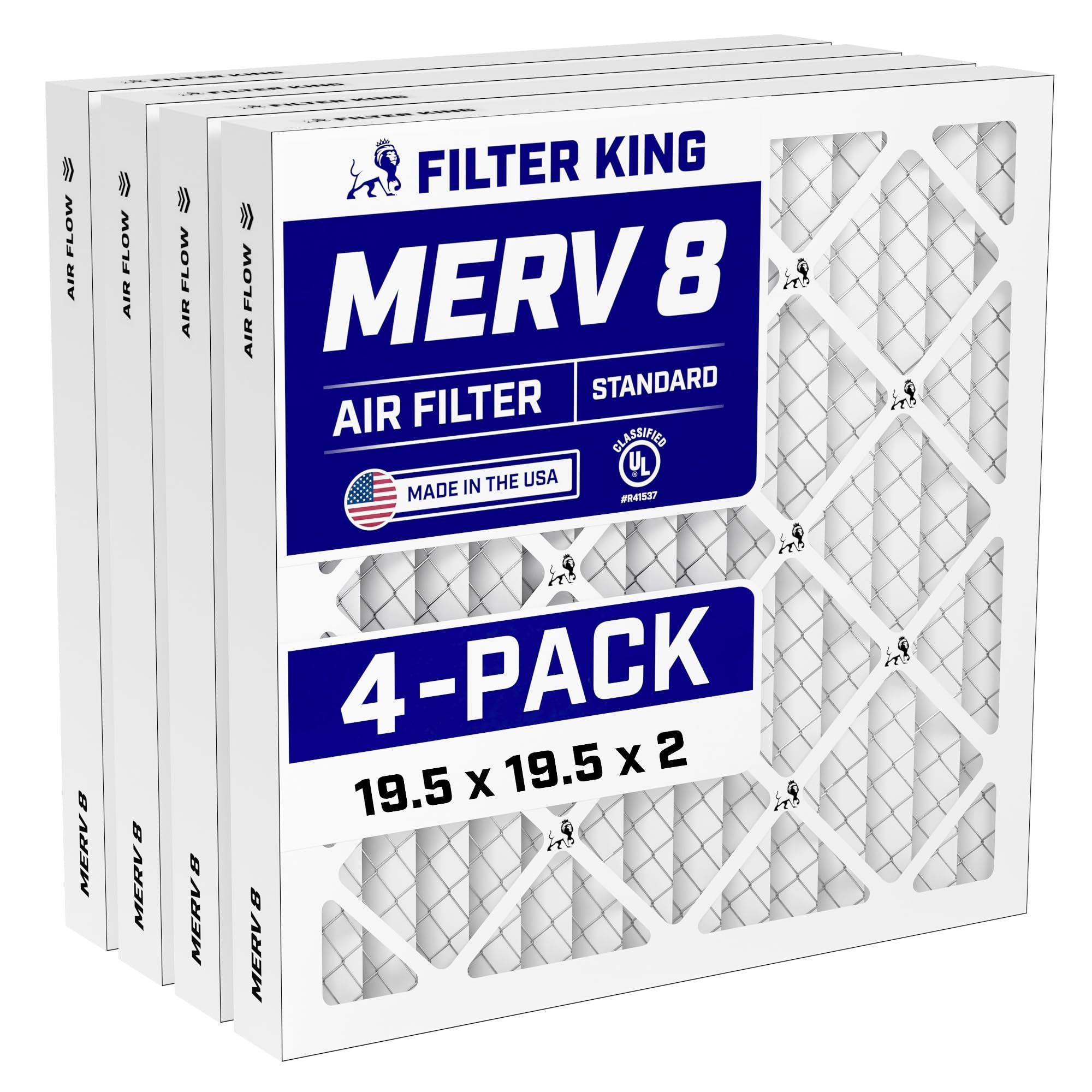 Filter King 19.5x19.5x2 Air Filter (MERV 8) (4-Pack) Dust & Allergy Control AC Furnace Filters, MADE IN USA, HVAC, Pleated, Electrostatic (Actual Size: 19.5 x 19.5 x 1.75) Image