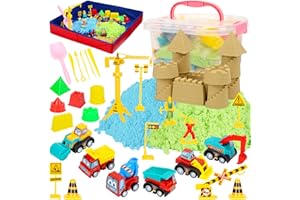 ThinkMax Sand Kit for Kids, 3lbs Sand, 6 Mini Construction Trucks, Construction Toys and Signs, Castle Sand Molds Tools, Foldable Box and Storage Bin Tote, 43PCS Sand Set for Boys Grils