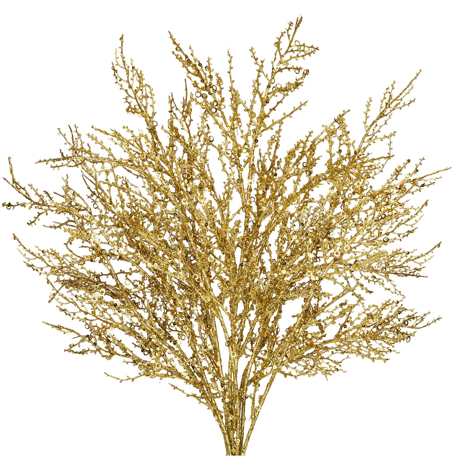 Hollyone 5PCS Glittery Christmas Branches with Sequins, Gold Arificial Plant with Long Stems, Faux Sticks for Xmas Tree Decorations, Winter Wedding, Floral Arrangement, Party