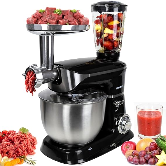 Syntrox Germany KM-6.5L De Luxe Black Küchenmaschine Knetmaschine Mixer Edelstahl Schwarz 1300 Watt mit tollem Zubehör
