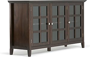 SIMPLIHOME Acadian SOLID WOOD 62 inch Wide Rustic Wide Storage Cabinet in Brunette Brown, with 3 Tempered Glass Doors, 3 Adjustable Shelves