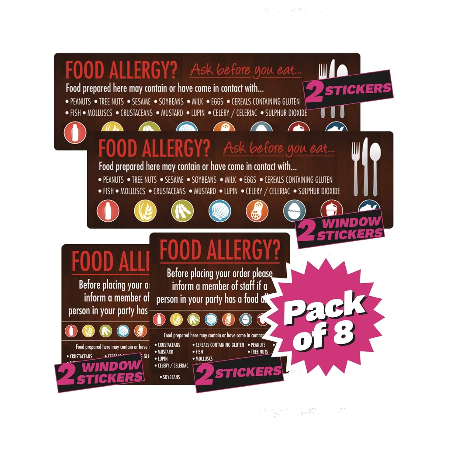 8x Food Allergen Window And Wall Stickers 100x200mm Sign Restaurant, Brown, 100 x200 mm - Image 3