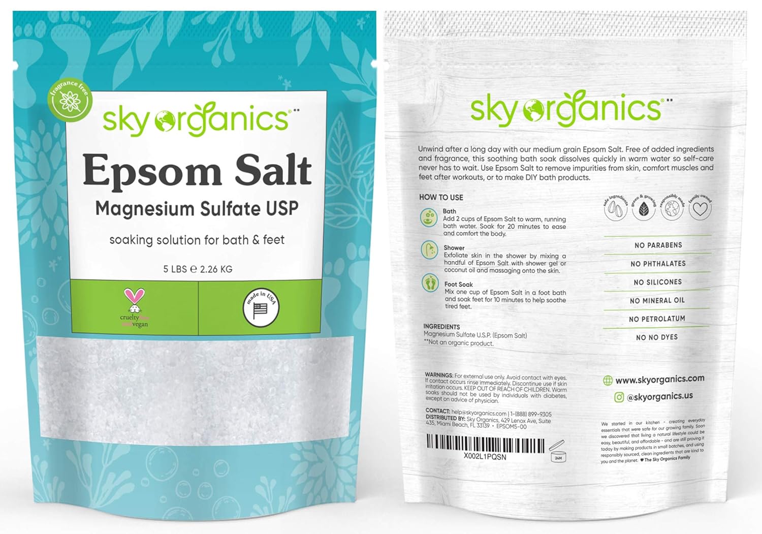Epsom Salt by Sky Organics (5 lbs.) - 100% Pure Magnesium Sulfate USP Grade Kosher Non-GMO – Bath and Foot Soak Soothing Body Soak. Made in USA : Beauty