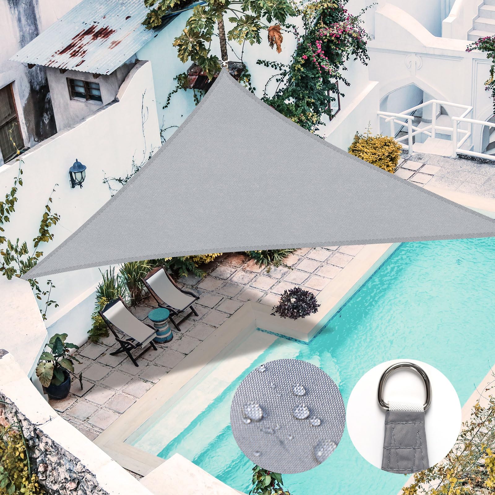 RICHIE Sun Shade Sail Triangle 5x5x5m Waterproof,98% UV Block Awnings for Patios with Free Rope, Sunscreen Awning Canopy, Garden Shelter for Outdoor Garden Patio Yard Lawn Party,Light grey