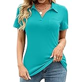 AKEWEI Womens V Neck Polo Shirts Short Sleeve Collared Tops Loose Casual Tunic Blouses with Pocket