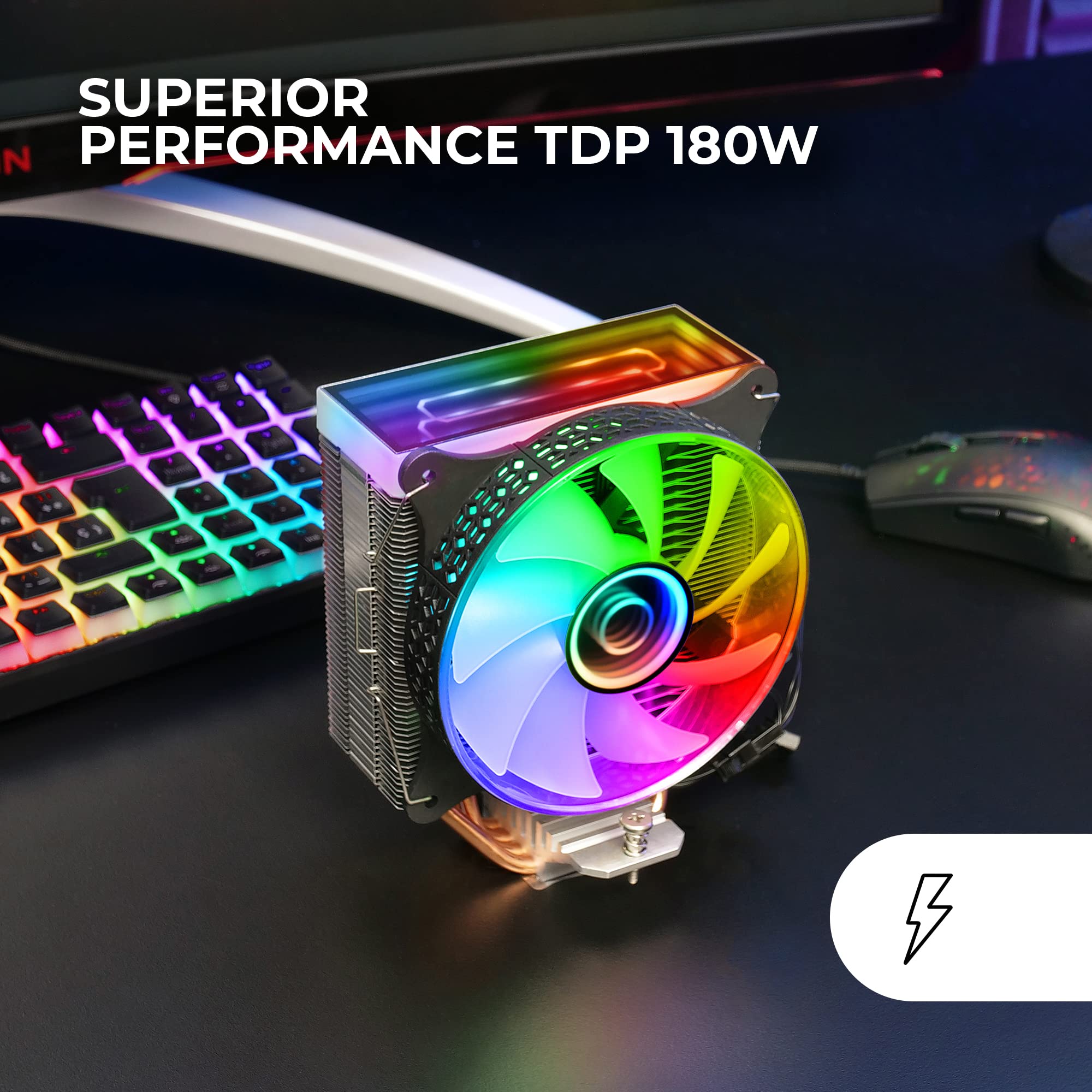 Mars Gaming MCPU-VR Schwarz, CPU Kühlkörper, Dual Infinity Mirror ARGB, 4 HCT Heatpipes, 180W TDP, Ultra-quiet PWM 12cm Lüfter 3