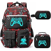 BNEAR Cool Luminous Gamer Backpack for Boys with Lunch Bag &amp; Pencil Case | 3PCS Waterproof Kids Bookbag Schoolbag with Insulated Lunch Bag for Elementary Middle High School Travel, Glow in The Dark
