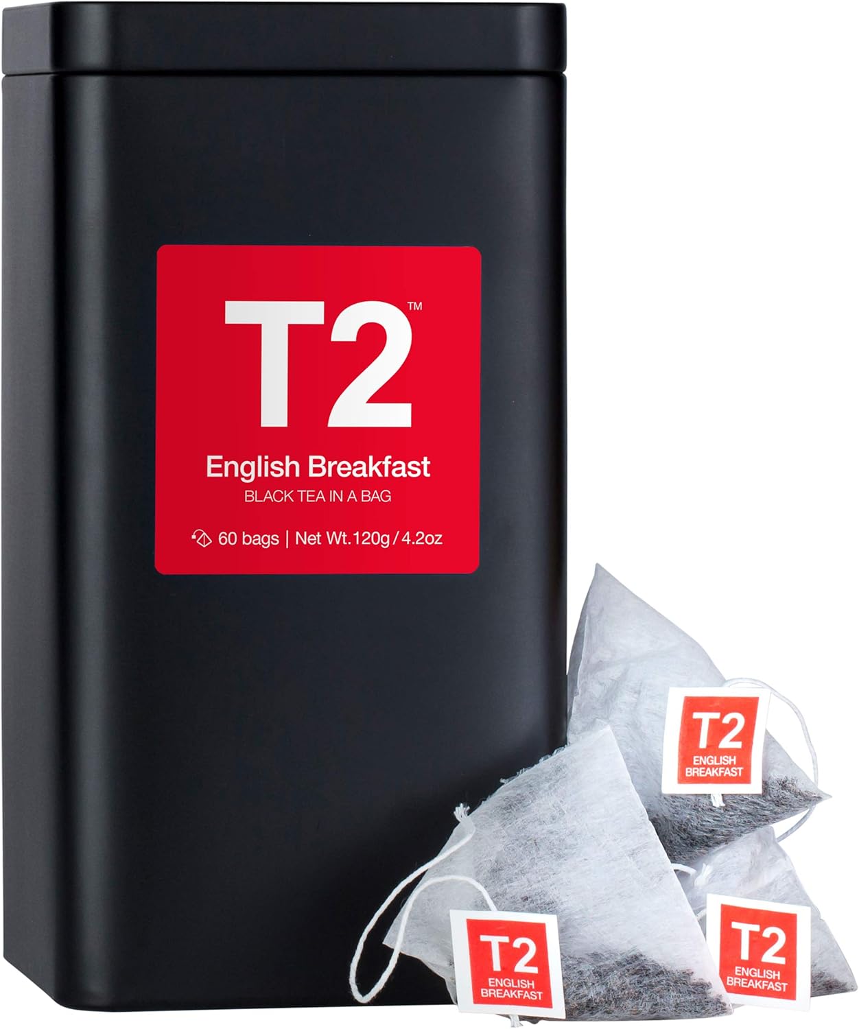 T2 Tea English Breakfast Black, 60 Tea Bags in Tea Caddy, 120g