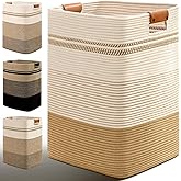 Degeyoyo Laundry Hamper, 85L Tall Laundry Basket with Leather Handles, Rectangle Large Clothes Hamper for Organizing, Cotton Woven Laundry Baskets Storage Hampers for Bedroom, Nursery, Living Room
