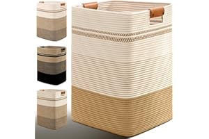 Degeyoyo Laundry Hamper, 85L Tall Laundry Basket with Leather Handles, Rectangle Large Clothes Hamper for Organizing, Cotton Woven Laundry Baskets Storage Hampers for Bedroom, Nursery, Living Room