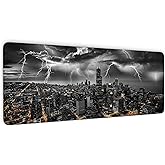 Chicago Desk Mat, Lightning Mouse Pad, Chicago Skyline Waterproof Mousepad, Black and White City Keyboard Mat, Stitched Edges and Non-Slip Base, Desk Pad for Office & Home, 31.5 X 11.8 Inch, 3mm Thick