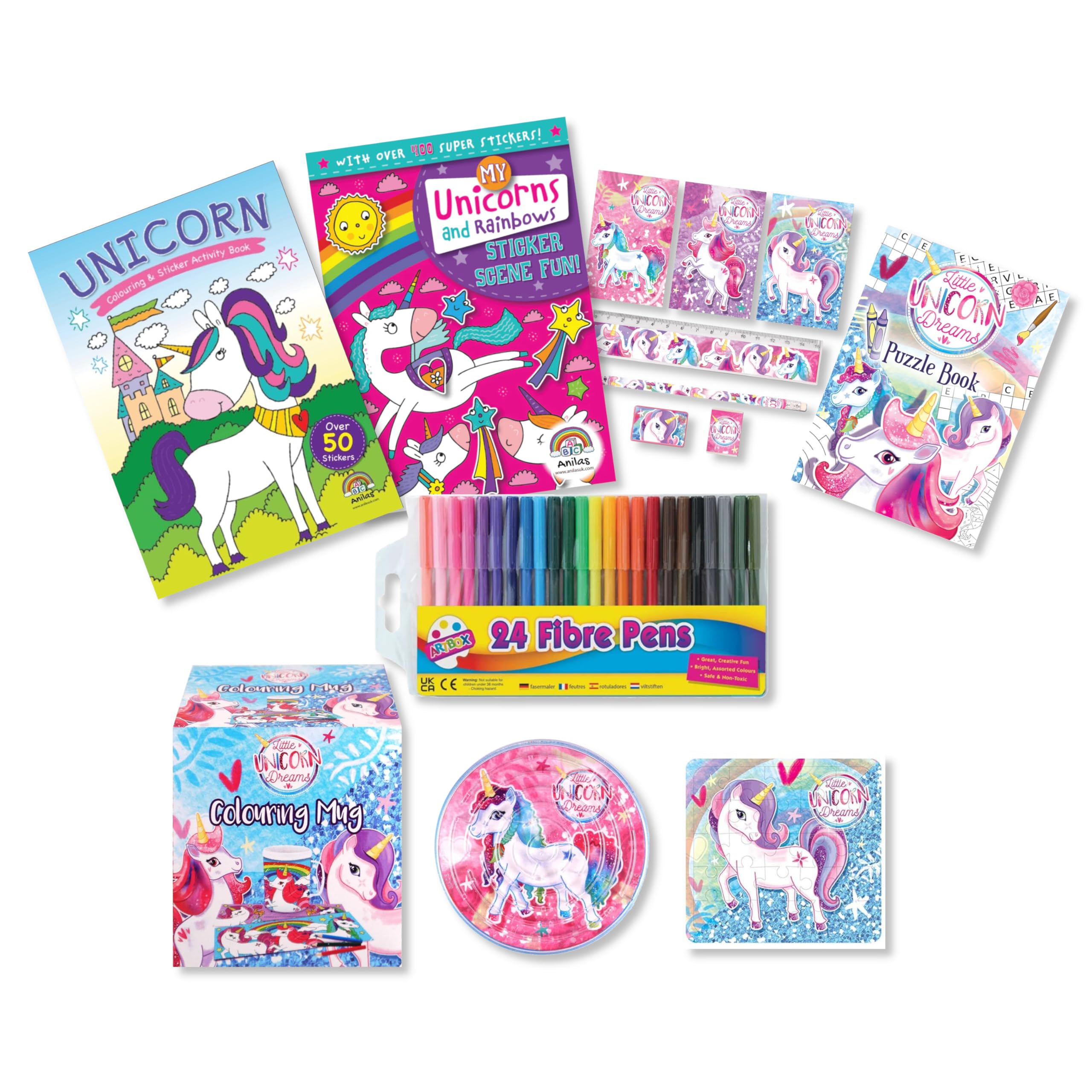 Anila's Mega Activity Set with Colouring, Sticker & Activity Books, Puzzles, Colouring Mug, Stationery & Felt Tip Pens Themes: Space Princess Unicorn Pirates Dinosaur (Perfect for Ages 3-8) (Unicorn)