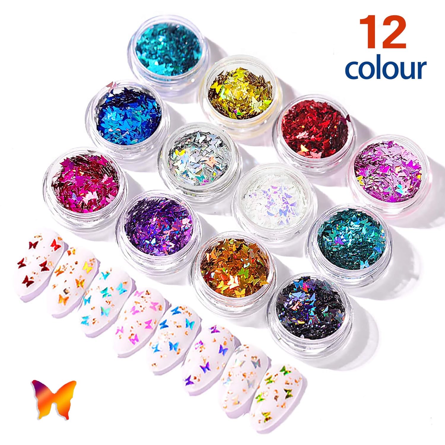 Butterfly Nail Art Glitter Sequins - 3D Laser Holographic Acrylic Nail Design Accessories Iridescent Nail Glitter Flakes Decorations for Make Up Body Face Hair Eye Decor Butterflies Shaped - 12 Color: Beauty