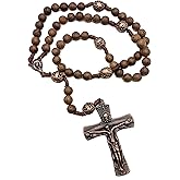 Nazareth Store Our Father Oak Wood Beads Rosary Corded Handmade Prayer Necklace with Virgin Mary Medal and Holy Spirit Jesus Cross