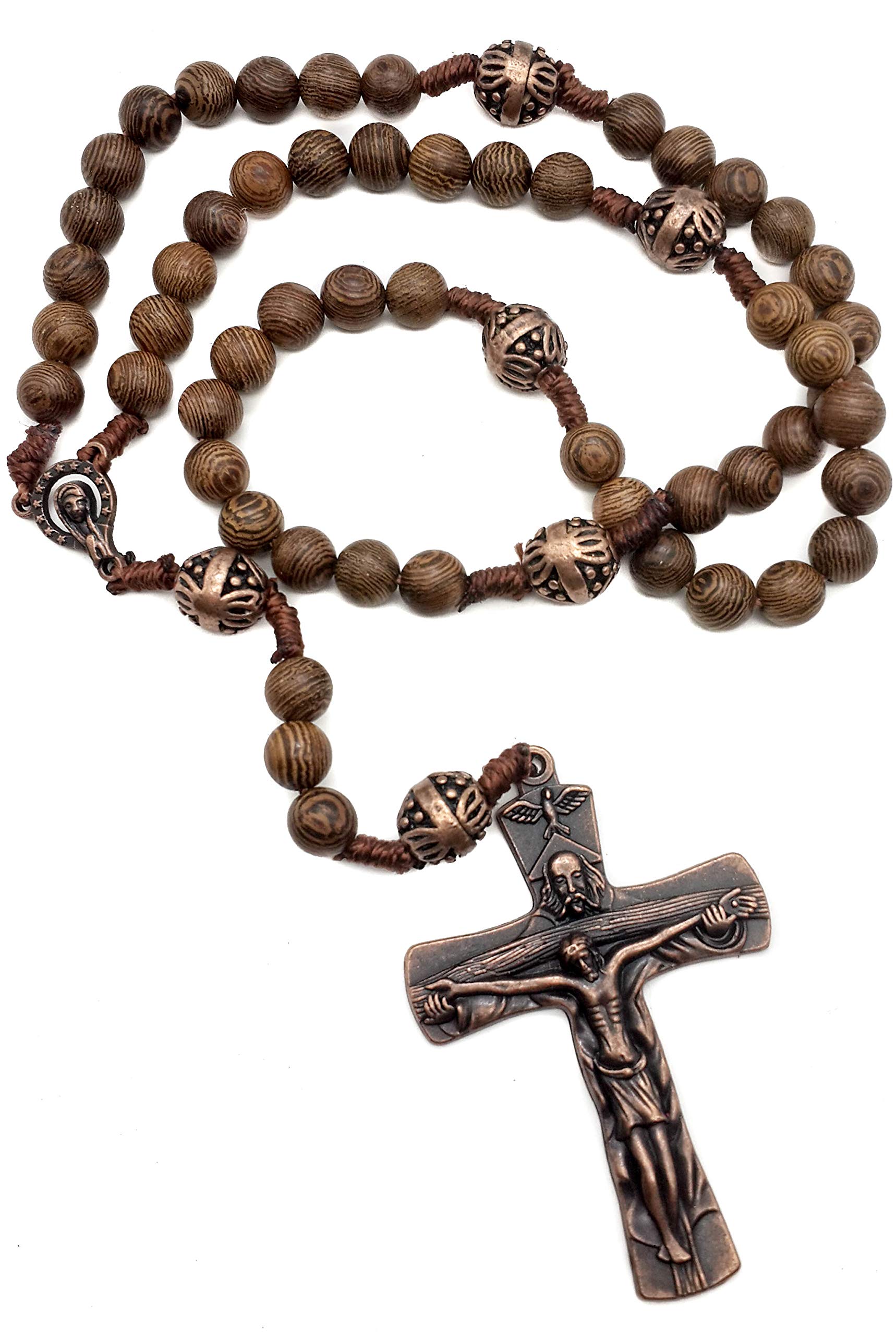 Nazareth Store Our Father Wood Rosary Beads Necklace with Beautiful Large Antique Cross Crucifix