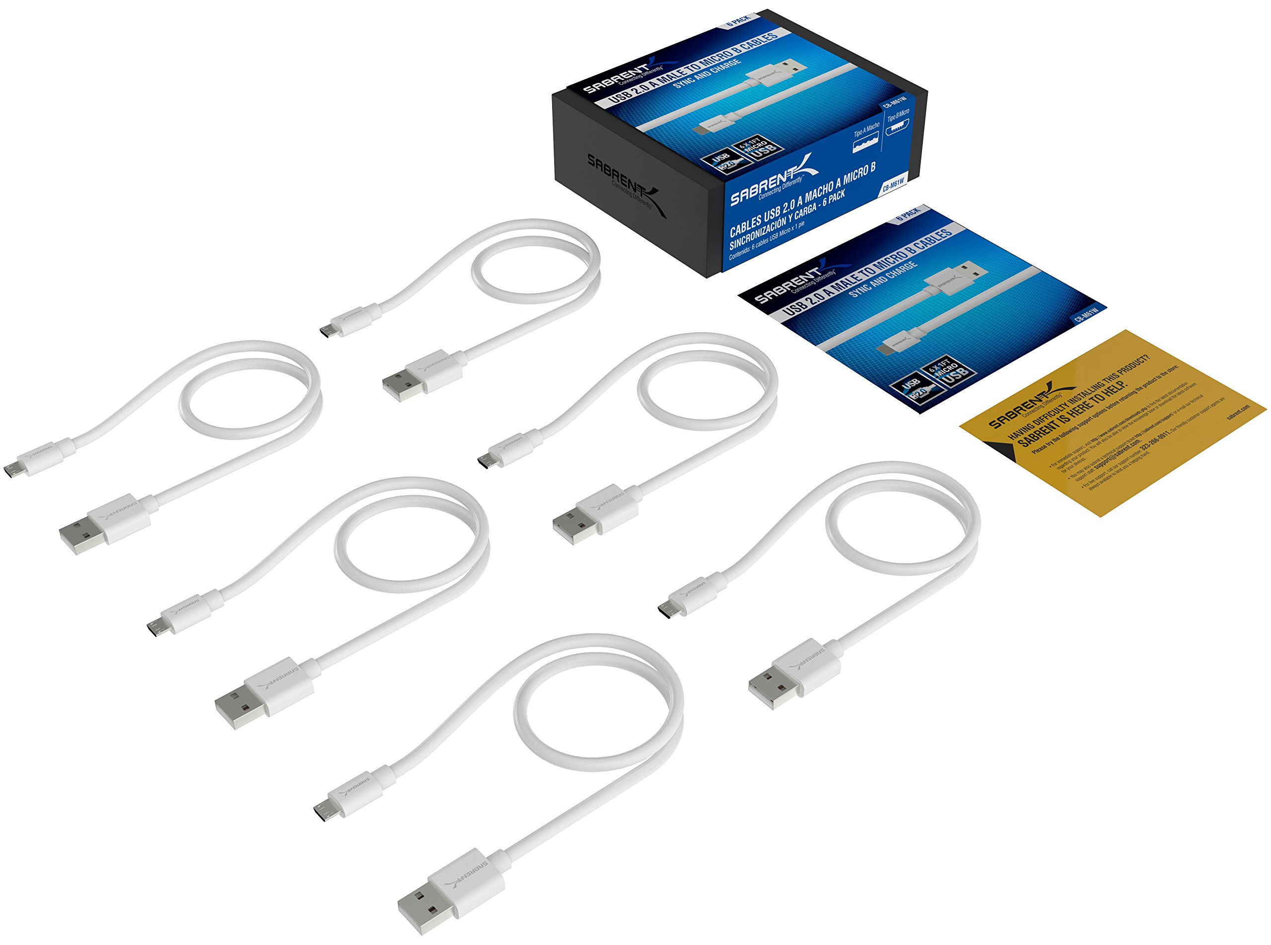 SABRENT [6-Pack 22AWG Premium 1ft Micro USB Cables High Speed USB 2.0 A Male to Micro B Sync and Charge Cables [White] (CB-M61W)