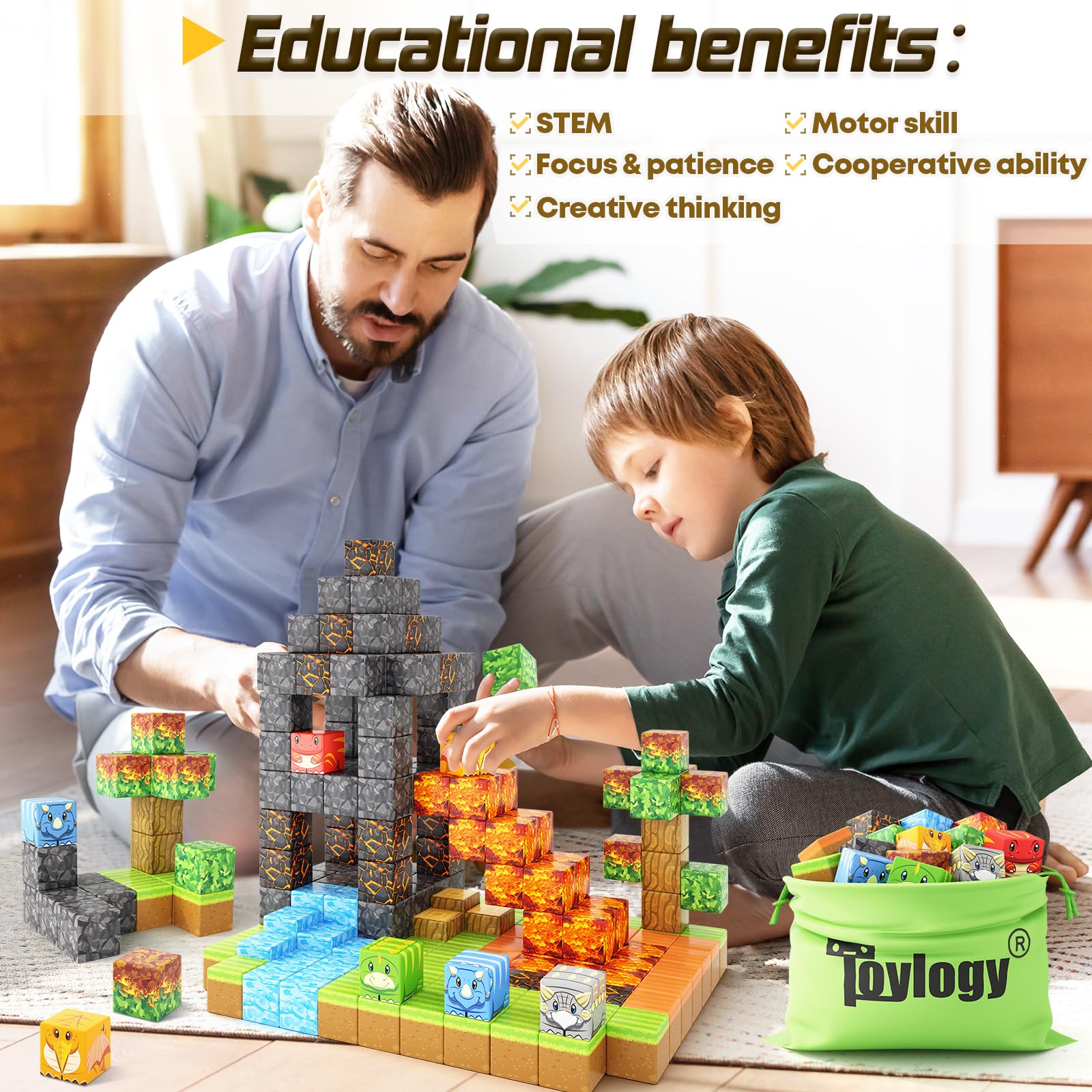 Dinosaur Toys Magnetic Blocks-Build Mine Magnet World Volcano Edition Kids Toy for 3+ Year Old Boys and Girls Building Blocks Toddler Toys Games Through Jurassic Learning Sensory Toy Gifts