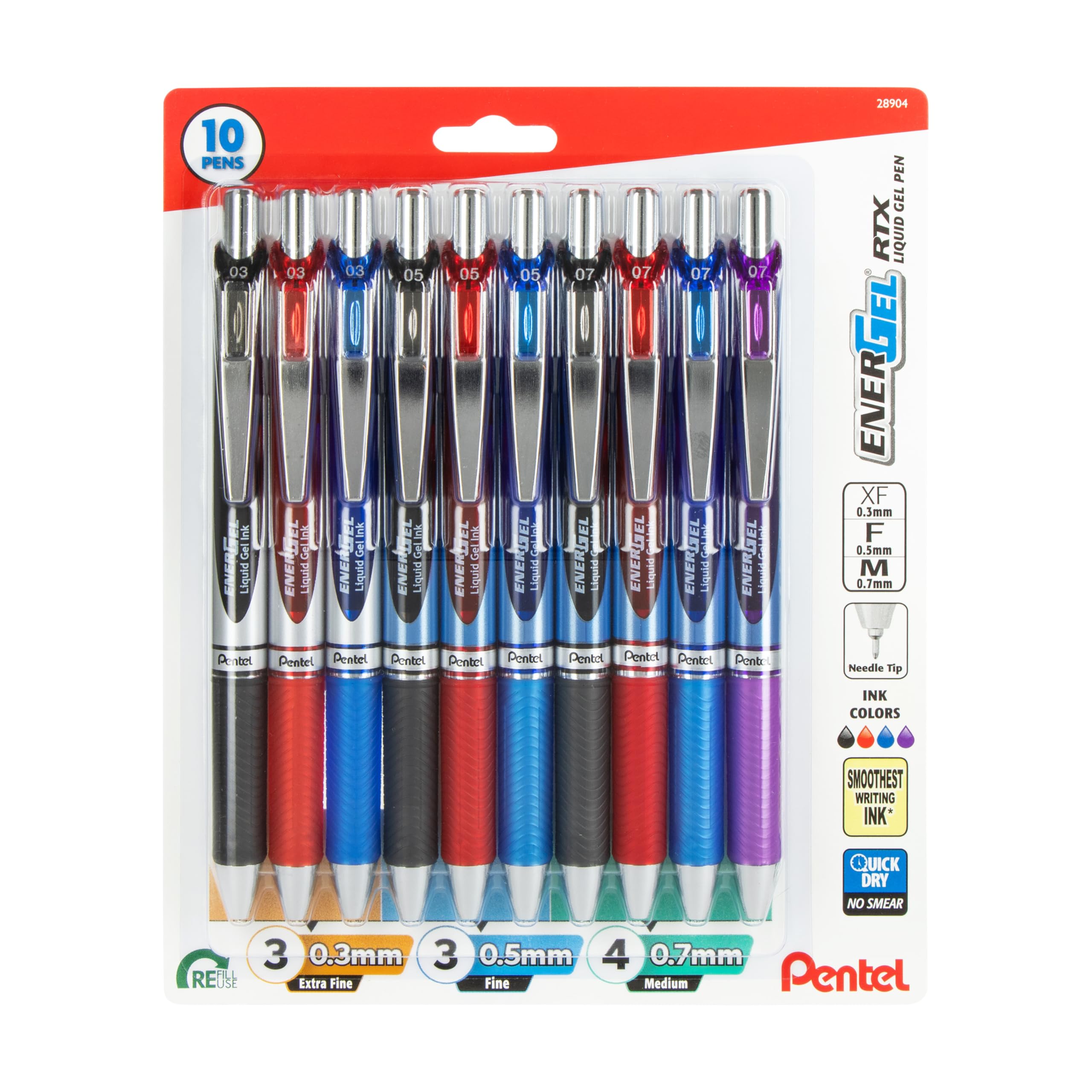 Photo 1 of Pentel EnerGel Sampler, Needle Tip, Tip sizes 0.3mm, 0.5mm and 0.7mm included, Assorted Ink Colors, Pack of 10 Pens