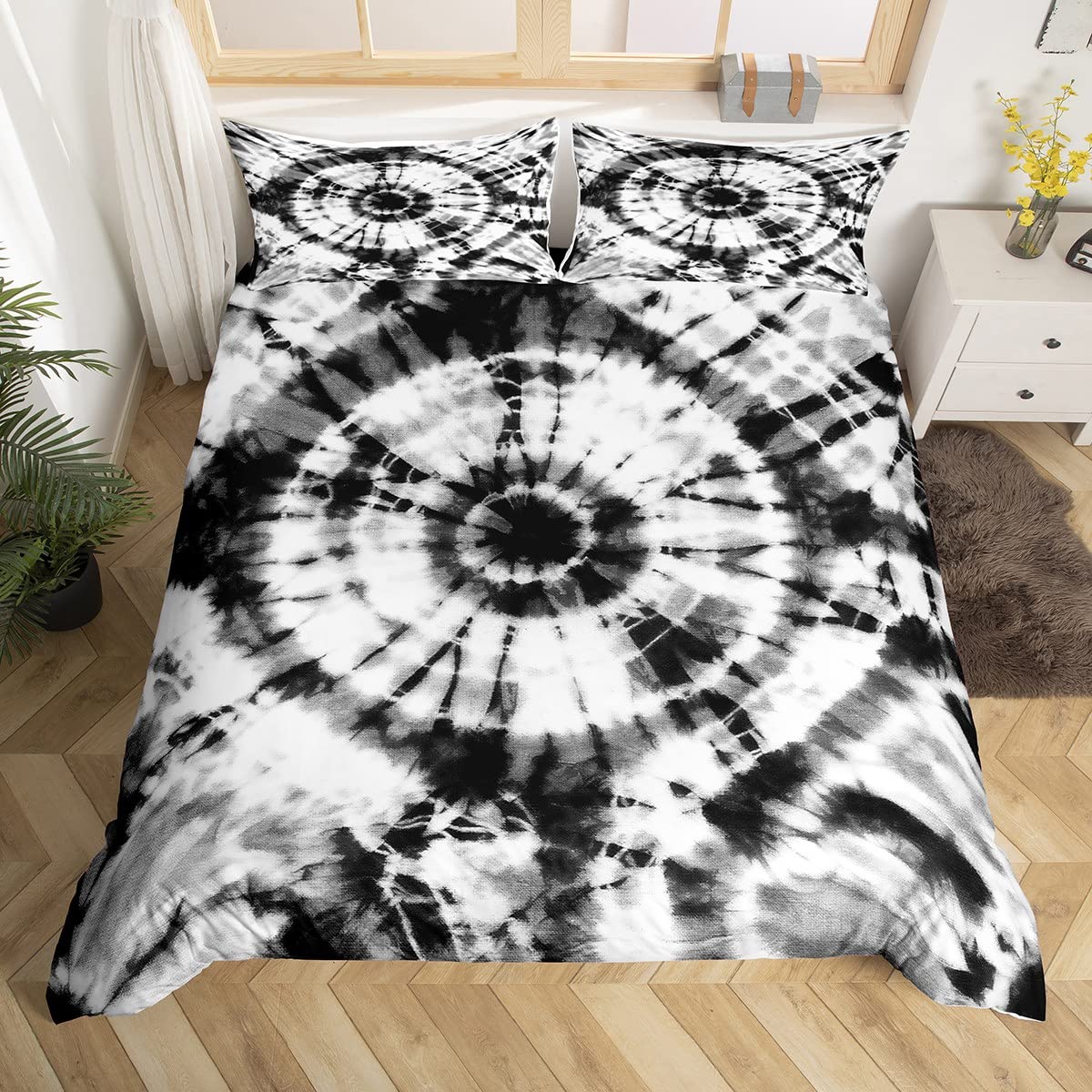 Tie Dye Duvet Cover Set King Size Black and White Circular Pattern Comforter Cover Watercolor Tie Dyed Bedding Set Bedroom Decor 3pcs Boho Hippie Breathable Bedspread with 2 Pillowcases