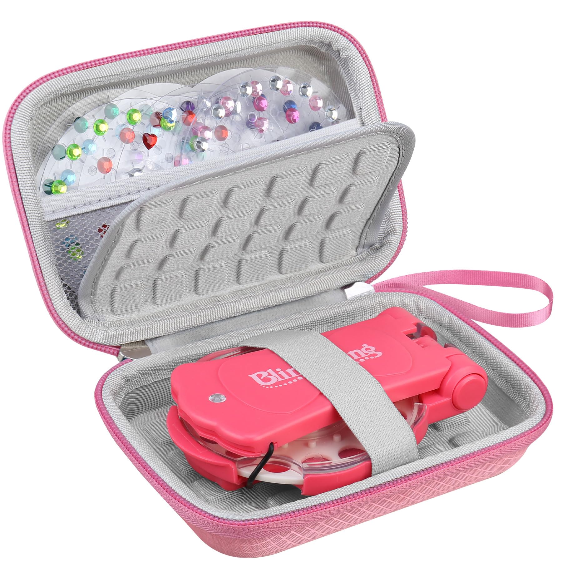 BOVKE Carrying Case for SEMKOTREE Hair Gem Stamper, Extra Mesh Pocket fits Gems Rhinestones, Jewels Machine Stamp, Tweezers and Accessories, Storage Travel Bag for Hair Gems Bedazzler Kit, Pink