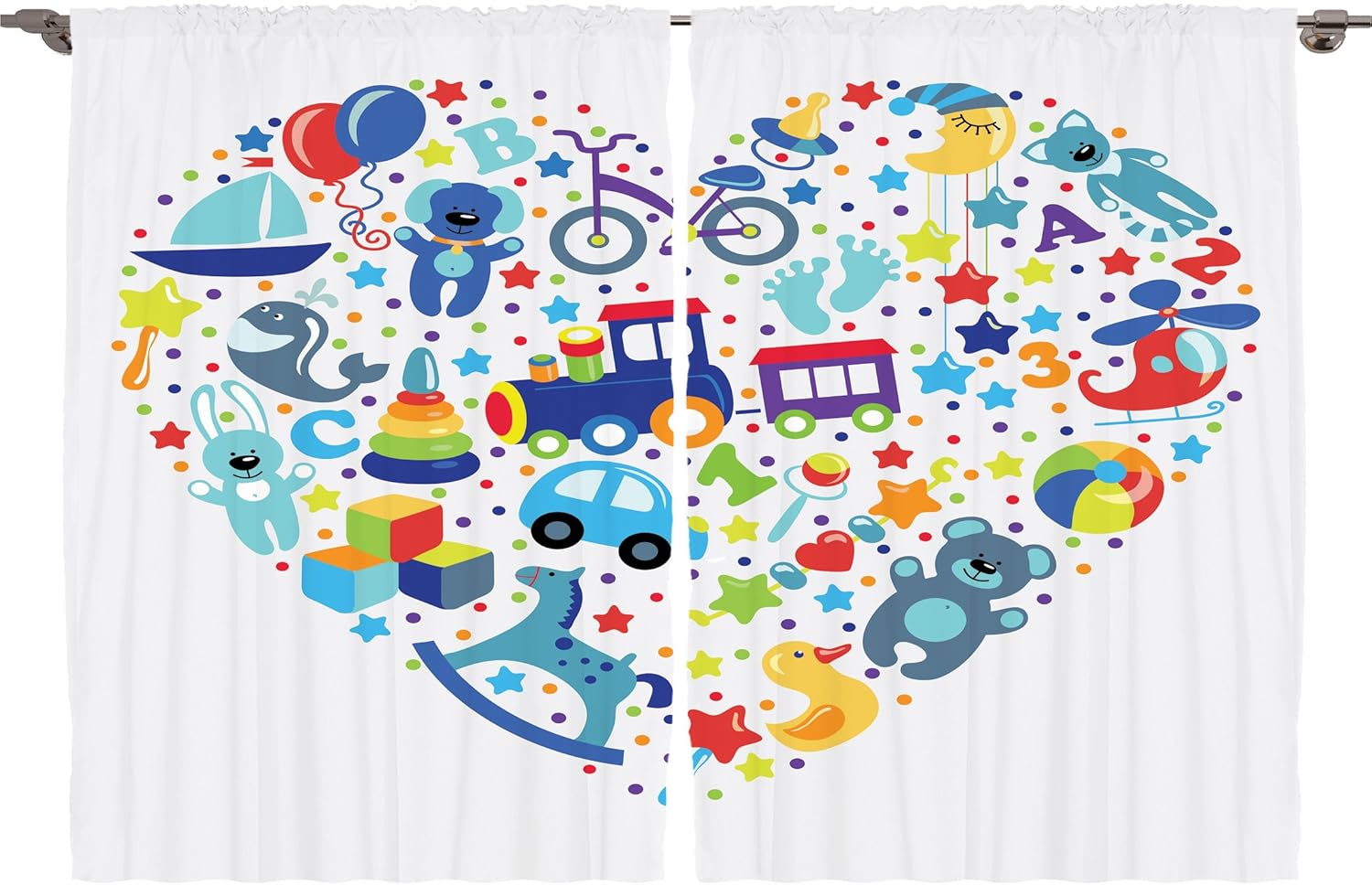 Ambesonne Baby Shower and Nursery Decor Collection, Heart Shaped Collage of Toys for Newborn Baby boy Train Alphabet, Window Treatments for Kids Bedroom Curtain 2 Panels Set, 108X63 Inches, Blue Grey