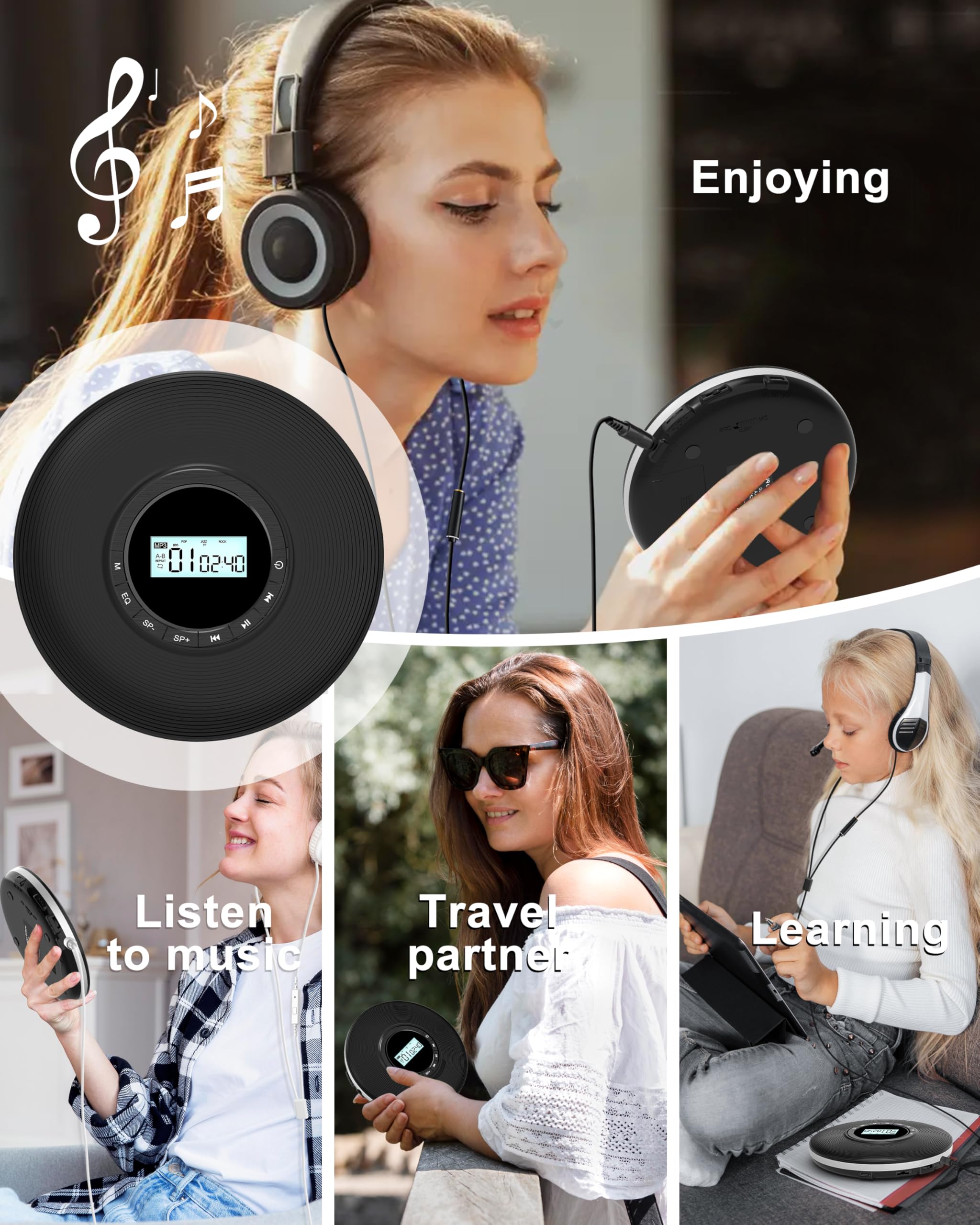 Sunoony Walkman CD Player,Portable CD Player for Car,Personal Disman CD Player with Headphones Jack,LCD Display,Anti-Skip,Aux-Out Cable/TF Slot,2*AA Batteries or Type-C Supply for Home,Travel and Car