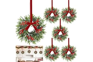 AMENON 6 Pcs Mini Christmas Wreath for Cabinets Kitchen, 11 Inch Hanging Small Christmas Wreaths with Red Bows Cedar Branchs Red Berry Clusters for Kitchen Cabinet Fireplace Window Front Door Wall Decor