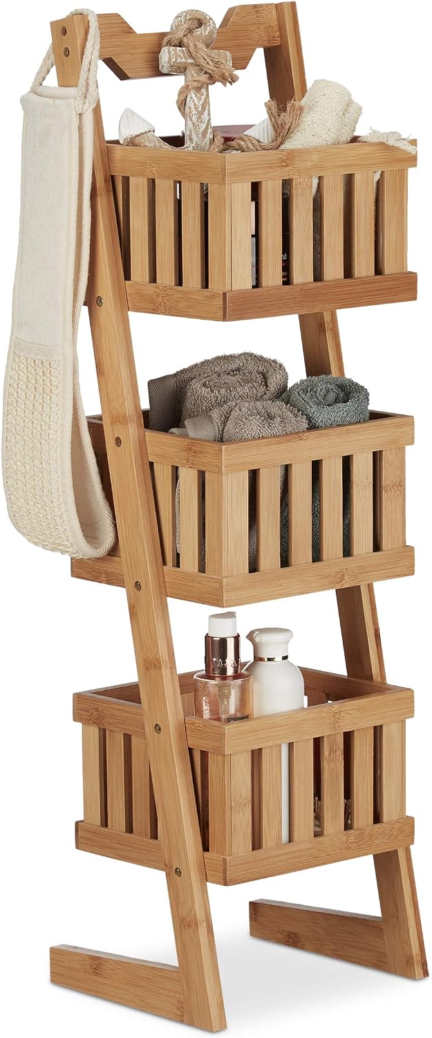 Relaxdays Bamboo Bathroom Shelf, 3 Tiers, Handle, Versatile, Organiser, Compact, Waterproof, Decorative, Natural