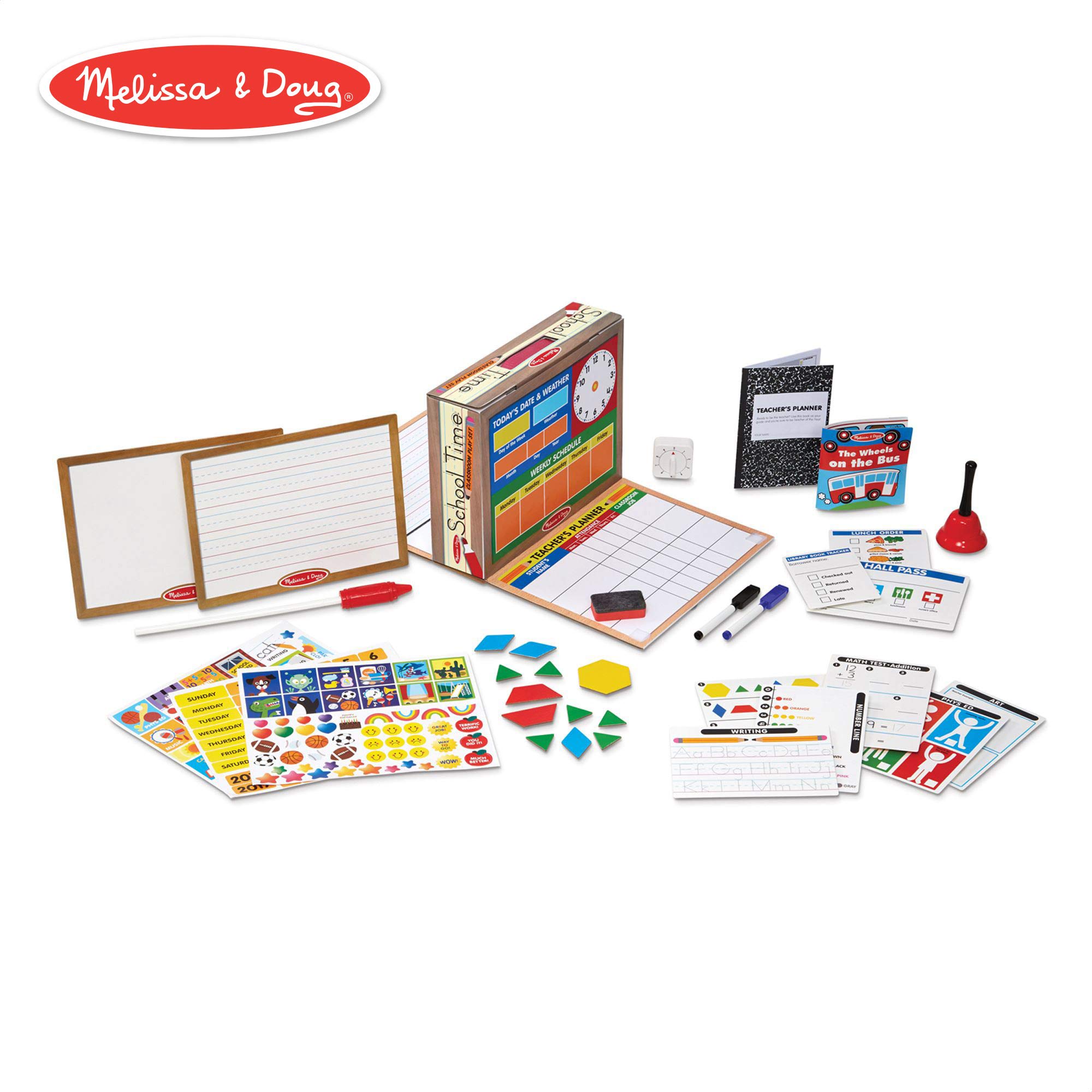 Melissa & Doug School Time! Classroom Play Set (Role-Play Center, Reusable Double-Sided Boards, Easy Storage Box, 150+ Pieces, 13.5” H x 10.5” W x 4” L)