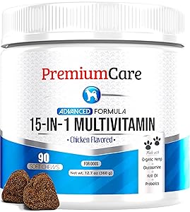 15 In 1 Dog Multivitamin With Glucosamine - Made In USA - Essential Dog Vitamins with Glucosamine Chondroitin, Probiotics, Salmon Oil, Fish Oil + Omega 3 For Dogs - Brain, Heart & Immune Health Treats
