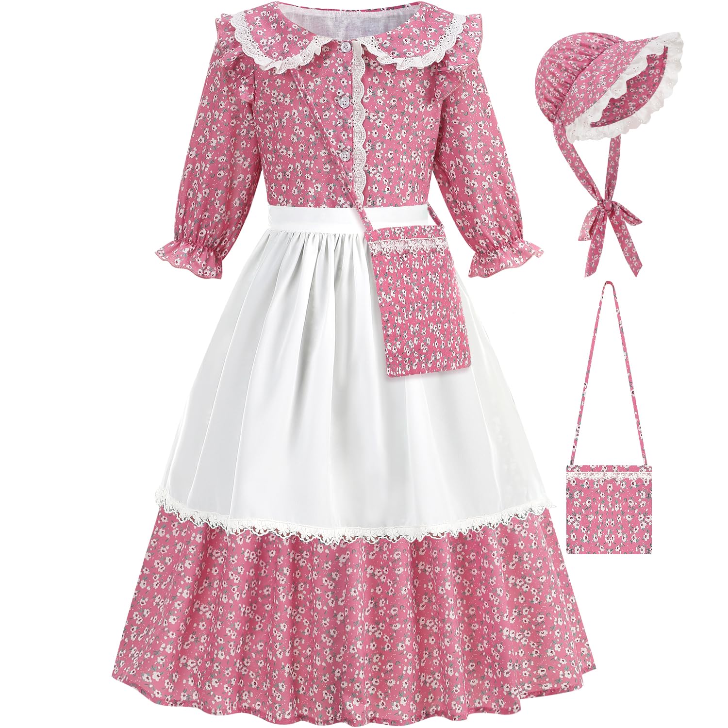 Photo 1 of Aoiviss Girls Pioneer Costume Floral Colonial Prairie Dress for Little Kids with Apron and Bonnet, Pink