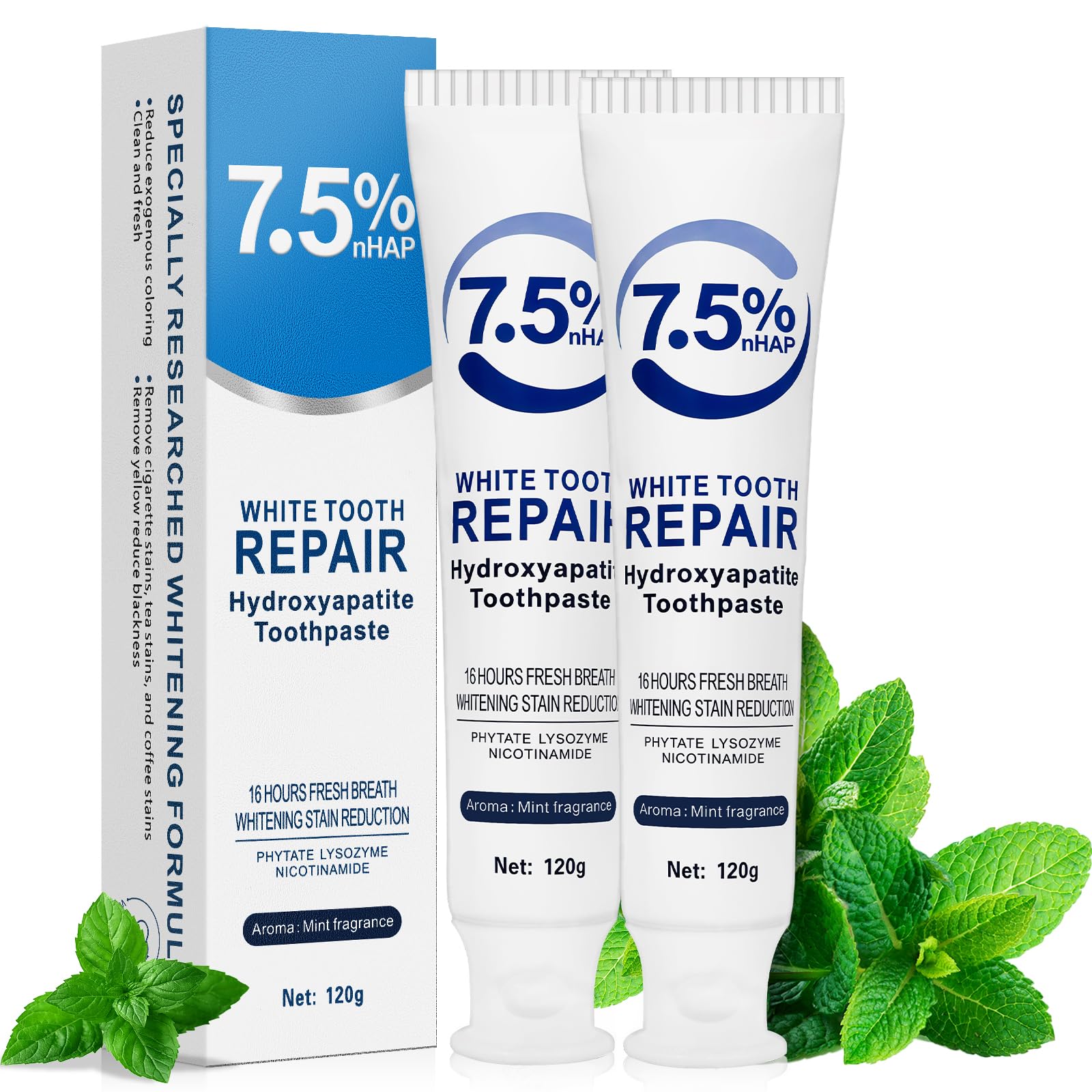 Photo 1 of 7.5% Nano Hydroxyapatite Toothpaste 2Packs (Fluoride-Free), Helps Remineralize, Protects Enamel, Strengthens Tooth, Dentist-Recommended for Sensitive Teeth & Kids, Refresh Mint Whitening Toothpaste