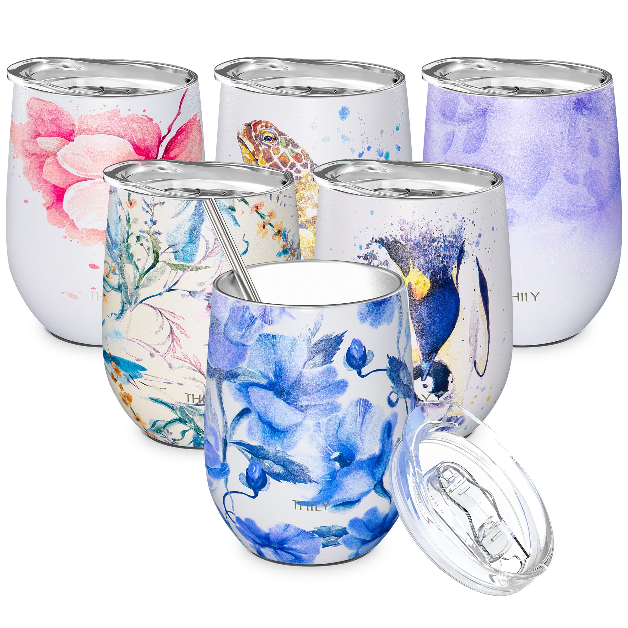 THILY Stainless Steel Insulated Wine Tumbler Stemless Wine Glass with Sliding Lid and Straw, Cute Travel Cup Keep Coffee and Cocktails Cold, Iridaceae