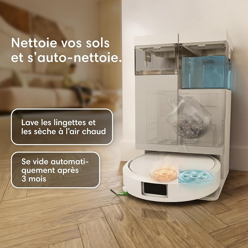 Roomba Plus 416 Combo Robot+AutoWash- 20KPa -Base Multifonction - Lavage et séchage à l'air Chaud des lingettes - LiDAR Clearview - 75 Jours d'autovidage - Accessoires supplémentaires - Blanc