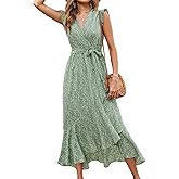 BTFBM Women Summer Floral Boho Maxi Dresses 2026 Vacation Ruffle Sleeve V Neck Belt Wrap Wedding Guest Spring Beach Dress