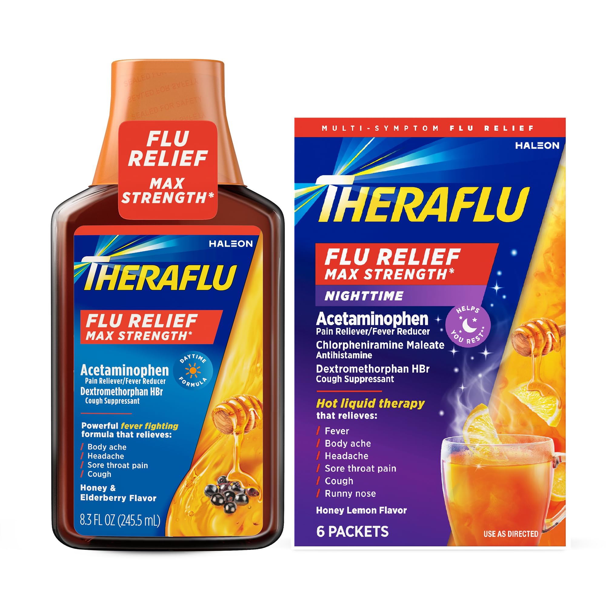 Photo 1 of ***EXP 04/2026***Theraflu Max Strength Daytime Flu Symptom Relief, Honey and Elderberry Syrup, 8.3 Fl Oz and Nighttime Flu Symptom Relief, Honey Lemon Flavor -***EXP 04/2026***