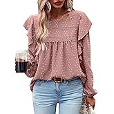 MYCOLORBLUE Women's Casual Tops Crewneck Lace Crochet Flowy Ruffle Shoulder Long Sleeve Blouses Shirts