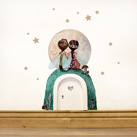 ilka parey wandtattoo-welt® Elfentür Feentür Wichteltür mit Wandtattoo Wandsticker Sticker Elfenpärchen mit Mond und Sterne e