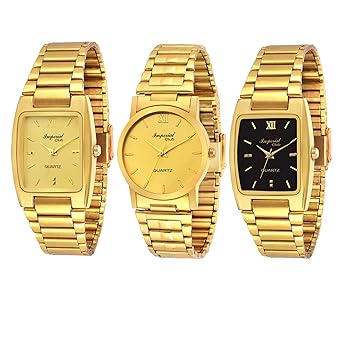 Analogue Men's Watch (Gold & Black Dial Golden Colored Strap) (Pack of 3)