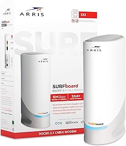 ARRIS Surfboard S33 DOCSIS 3.1 Multi-Gigabit Cable Modem with 2.5 Gbps Ethernet Port, Approved for Cox, Xfinity, Spectrum & Others.