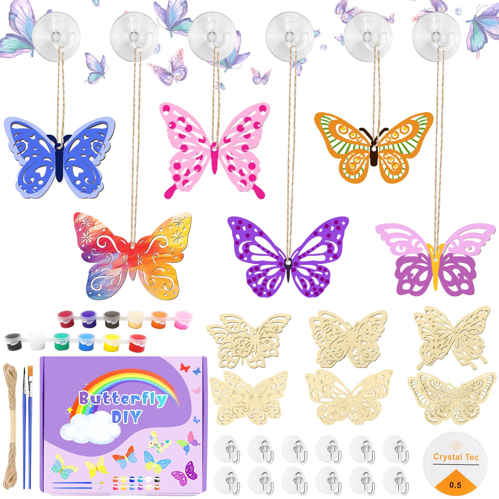 DONQL 12 Butterfly Craft Kit, Wooden Hanging Ornaments Craft Kit, Painting Kits, Creative DIY Arts and Crafts Gifts for Girls Boys, Wooden Craft for Window, Party, Christmas, Home