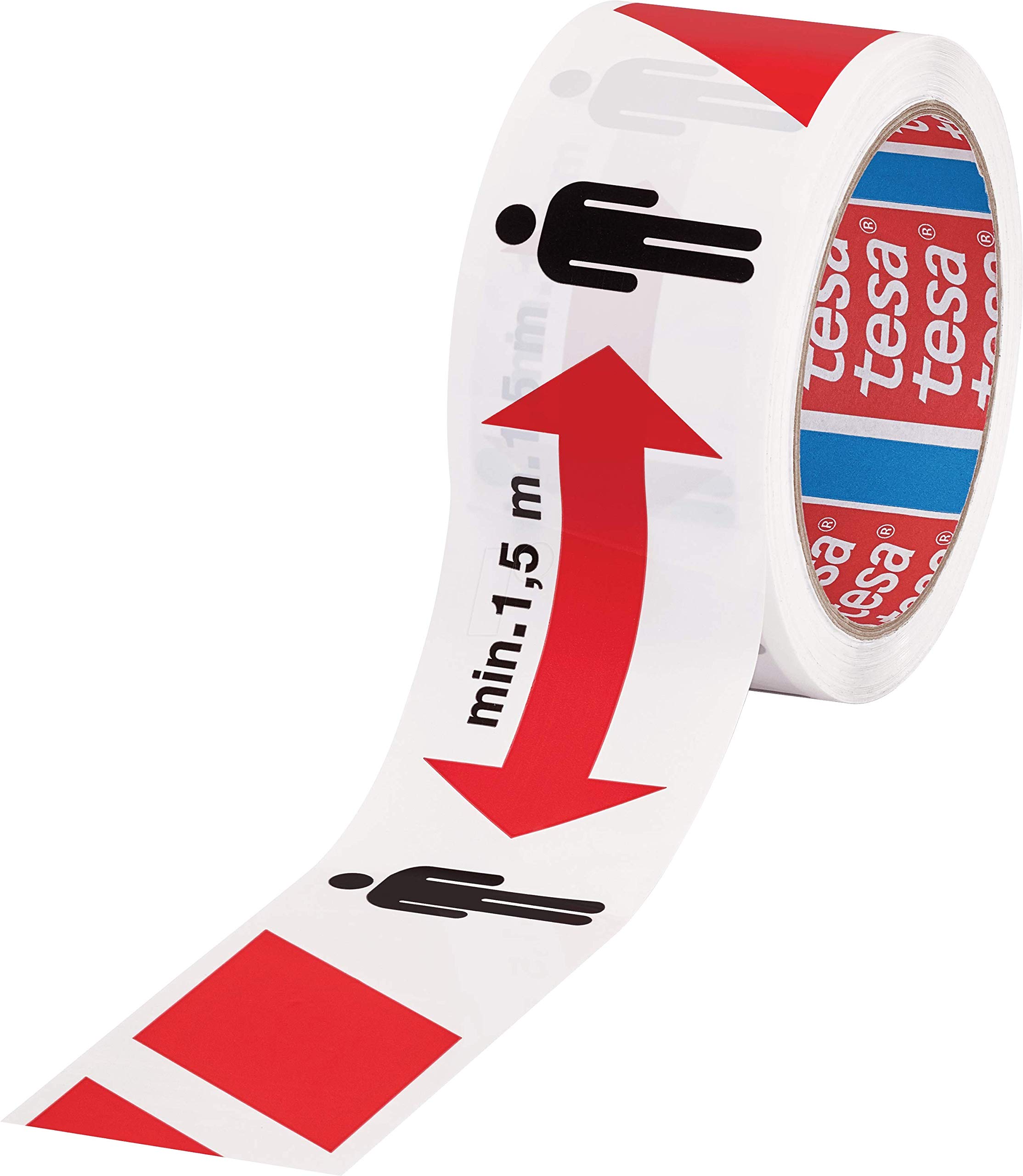 tesa Signal Social Distancing Tape - Marking Tape to Keep Distance - 1.5 m Safety Distance - Self-Adhesive for Indoor and Outdoor Use - White/Red - 50 m x 50 mm