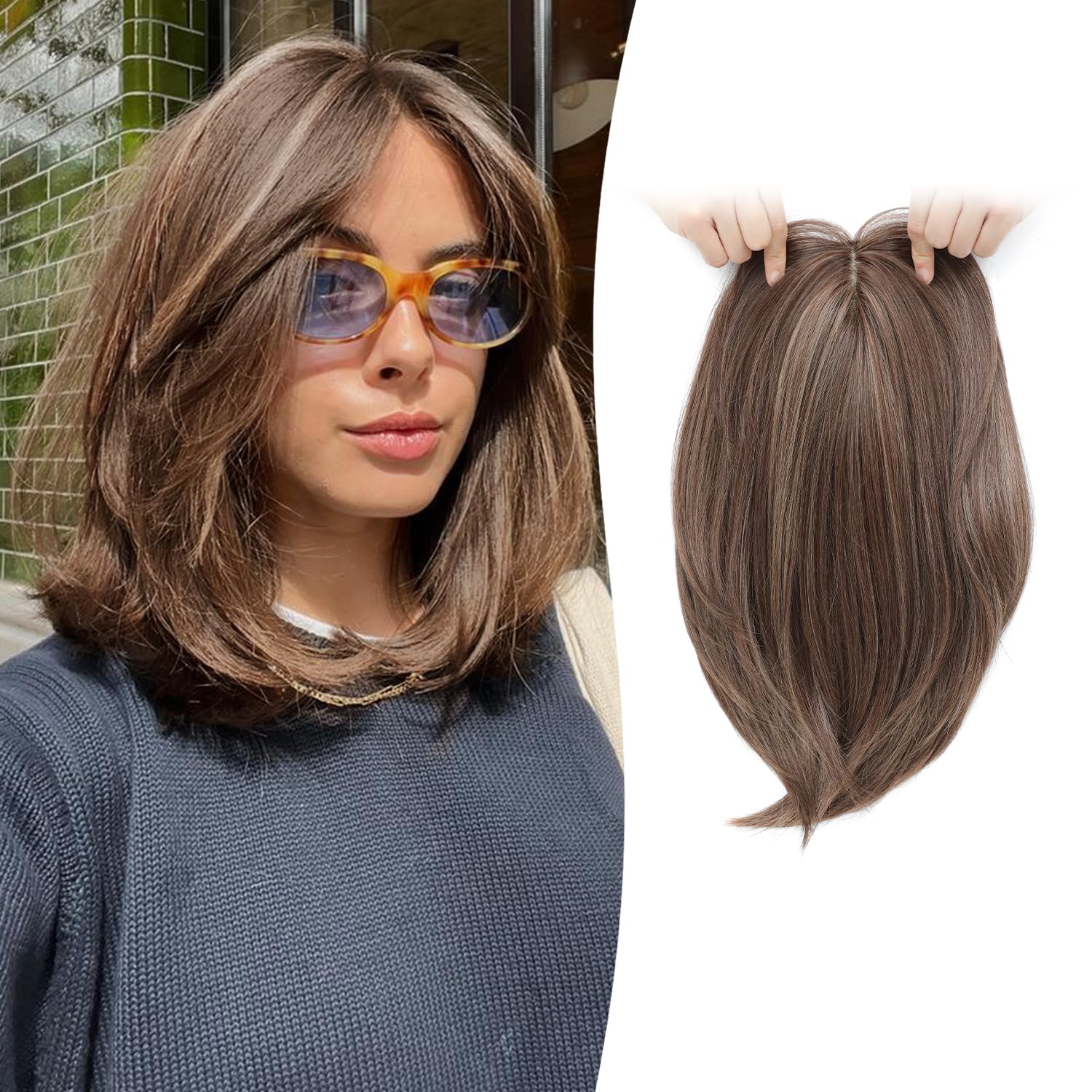 Photo 1 of Megito Hair Topper 12inch Clip in Synthetic Hair Toppers for Women with Thinning Hair Breathable 6.5"X6.5" Big Base Toppers Hair Pieces for Women Daily Use Dark Brown with Highlights