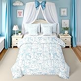 Cute Blue Bowknot 7Pcs Comforter Set Full Size,Cartoon Hand Drawn Stars Love Bow Bedding Set,Kids Girls Sweet Princess Style Fitted Flat Sheet Teens Woman Room Decor,Modern Romantic 4 Pillow Cover