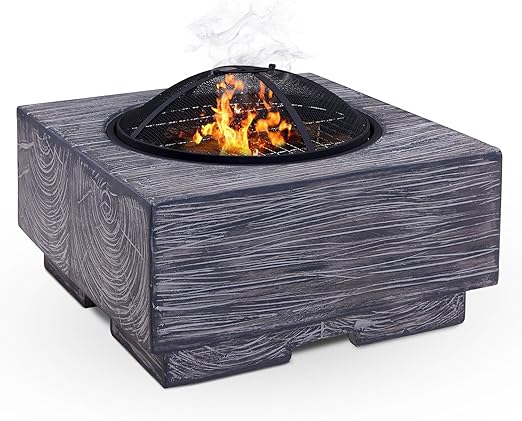 Livivo Wood Effect Fire Pit Brazier With Mesh Spark Guard Bbq