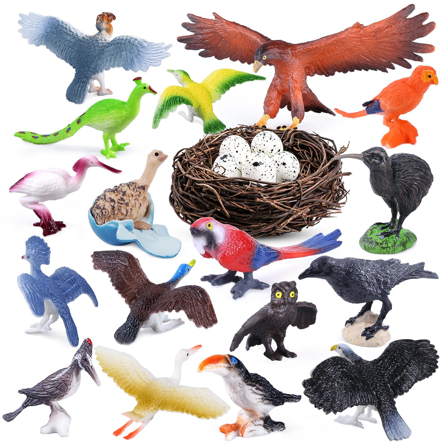 SIENON 23Pcs Birds Toys Playset, Assorted Wildlife Creatures Figures with Nest, Raven, Kiwi, Ostrich, Macaw, Golden Eagle for Kids Educational Birthday Cake Décor Garden Accessories School Project