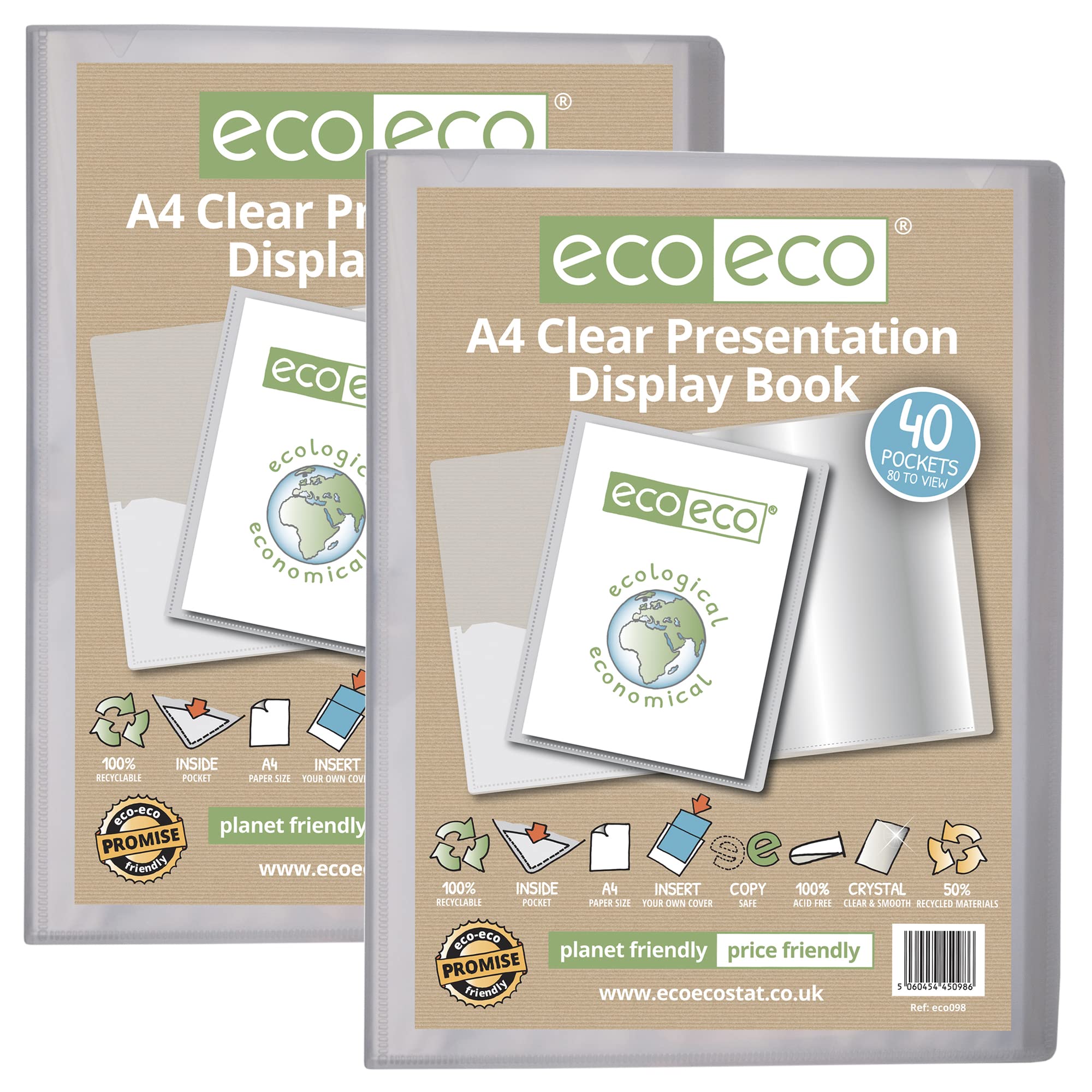 eco-eco A4 Size 50% Recycled 40 Pocket Clear Presentation Display Book, Storage Case Portfolio Art Folder with Plastic Sleeves, (Pack of 2), eco098x2