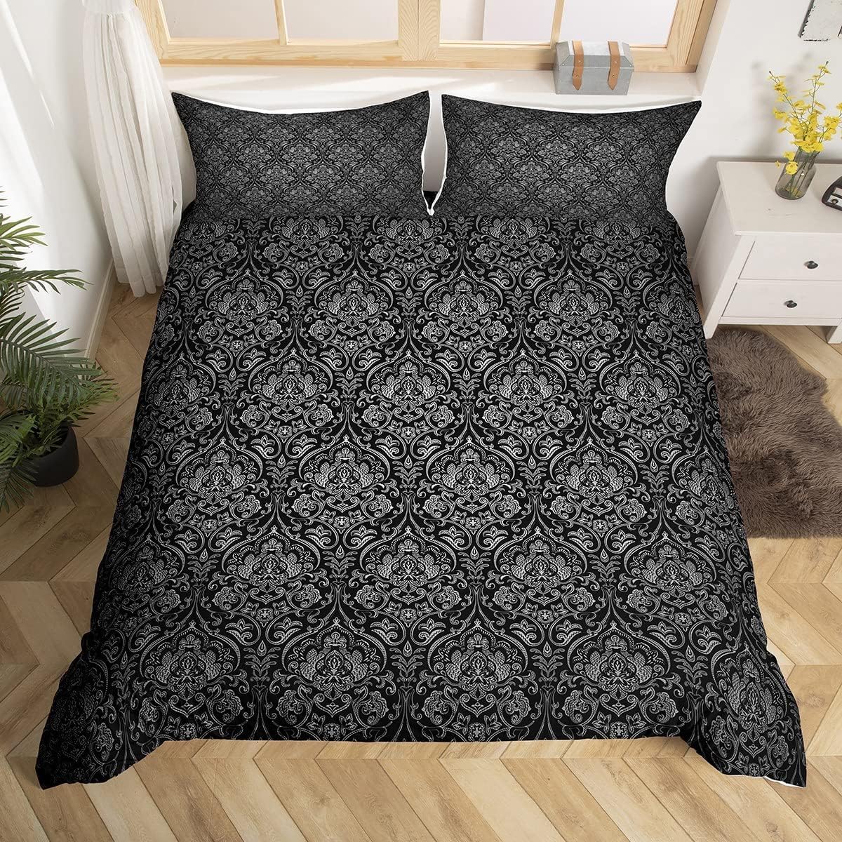 Homewish Black Grey Ombre Double Size Duvet Cover Sets, Antique Victorian Baroque Floral Bedding Set for Adults Men Women, Boho Damask Comforter Cover Exotic Bohemian Bedding & Linen